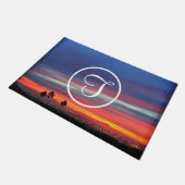 Oranje blauwe wolken zonnefoto aangepast monogram deurmat (Schuin)