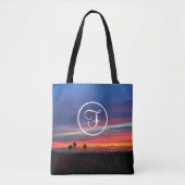 Oranje blauwe wolken zonnefoto aangepast monogram tote bag (Voorkant)