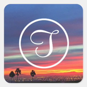 Oranje blauwe wolken zonnefoto aangepast monogram vierkante sticker