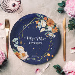 Oranje blauwe zeebrasem - blauw - douanenaam papieren bordje<br><div class="desc">Oranje en witte rozen sage eucalyptus greenery navy blue background goudvormig lijst floral Mr & Mrs. personalized name trouwpapier borden.</div>