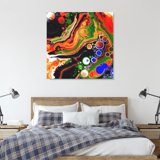 Oranje, blauwe, zwarte digitale fluïde kunst canvas afdruk (Insitu (Slaapkamer))