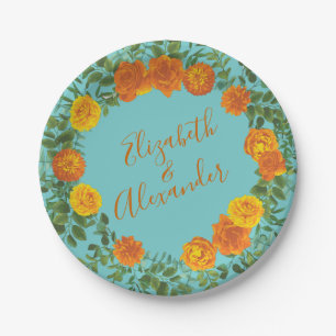 Oranje Blauwgroen Aqua Peony en Roos Floral Weddin Papieren Bordje