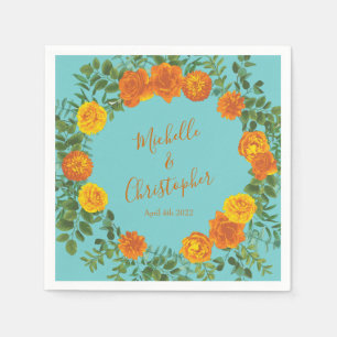 Oranje Blauwgroen Aqua Peony en Roos Floral Weddin Servet