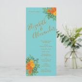 Oranje Blauwgroen Aqua Peony Roos Wedding Programm Menu (Staand voorkant)