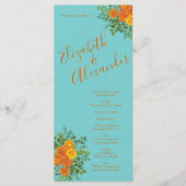 Oranje Blauwgroen Aqua Peony Roos Wedding Programm Menu (Voorkant)