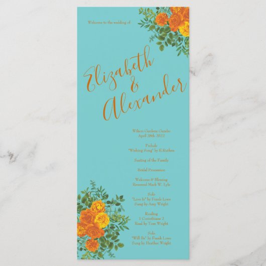 Oranje Blauwgroen Aqua Peony Roos Wedding Programm Menu (Voorkant)