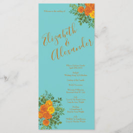 Oranje Blauwgroen Aqua Peony Roos Wedding Programm Menu