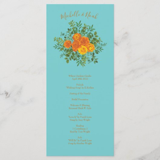 Oranje Blauwgroen Aqua Peony Roos Wedding Programm Menu (Voorkant)