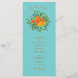 Oranje Blauwgroen Aqua Peony Roos Wedding Programm Menu