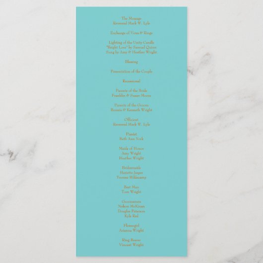 Oranje Blauwgroen Aqua Peony Roos Wedding Programm Menu (Achterkant)