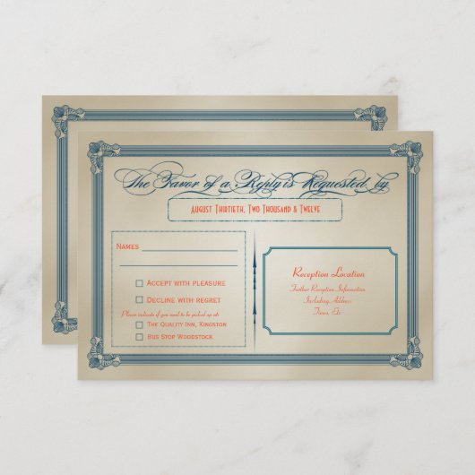  Oranje, Blauwgroen en blauw huwelijk RSVP Kaart (Voorkant / Achterkant)