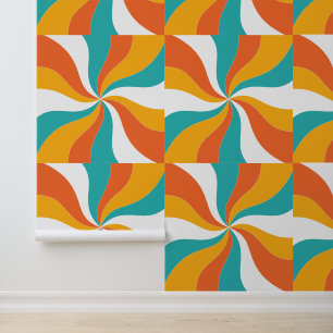 Oranje, Blauwgroen en Witte Retro Abstracte Patroo Behang