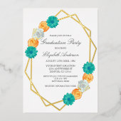 Oranje Blauwgroen Floral Geometric Afstuderen Folie Uitnodiging (Voorkant)