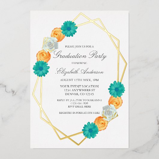 Oranje Blauwgroen Floral Geometric Afstuderen Folie Uitnodiging (Voorkant)