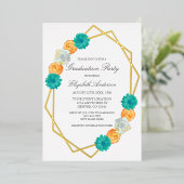 Oranje Blauwgroen Floral Geometric Afstuderen Folie Uitnodiging (Staand Voorkant)
