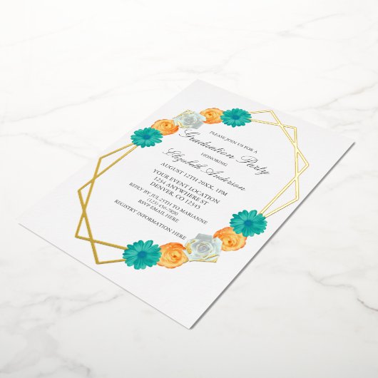 Oranje Blauwgroen Floral Geometric Afstuderen Folie Uitnodiging (Gedraaid)