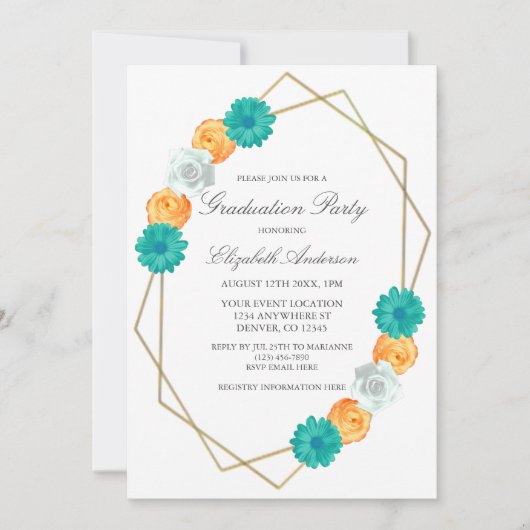 Oranje Blauwgroen Floral Geometric Afstuderen Kaart (Voorkant)