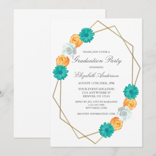 Oranje Blauwgroen Floral Geometric Afstuderen Kaart (Voorkant / Achterkant)