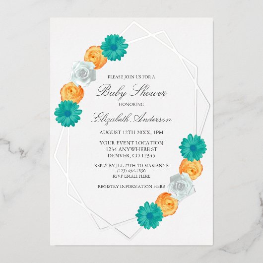 Oranje Blauwgroen Floral Geometric Baby shower Folie Uitnodiging (Voorkant)