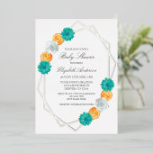 Oranje Blauwgroen Floral Geometric Baby shower Folie Uitnodiging (Staand Voorkant)