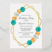 Oranje Blauwgroen Floral Geometric Birthday Folie Uitnodiging (Voorkant)