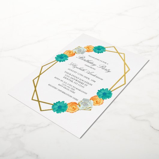 Oranje Blauwgroen Floral Geometric Birthday Folie Uitnodiging (Gedraaid)