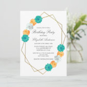 Oranje Blauwgroen Floral Geometric Birthday Kaart (Staand voorkant)