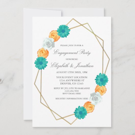 Oranje Blauwgroen Floral Geometric Engagement Part Kaart (Voorkant)