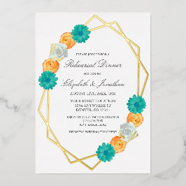 Oranje Blauwgroen Floral Geometric Rehearsal Dinne Folie Uitnodiging