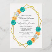Oranje Blauwgroen Floral Geometric Rehearsal Dinne Folie Uitnodiging (Voorkant)
