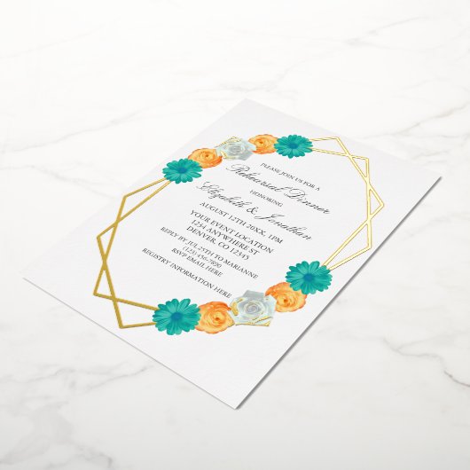 Oranje Blauwgroen Floral Geometric Rehearsal Dinne Folie Uitnodiging (Gedraaid)