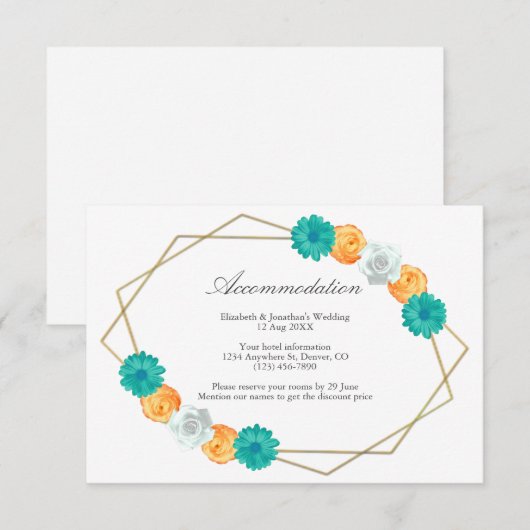 Oranje Blauwgroen Floral Geometric Wedding Accommo Informatiekaartje (Voorkant / Achterkant)