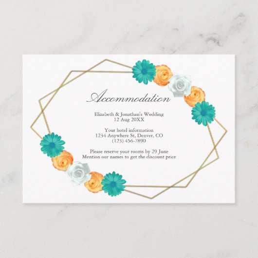Oranje Blauwgroen Floral Geometric Wedding Accommo Informatiekaartje (Voorkant)