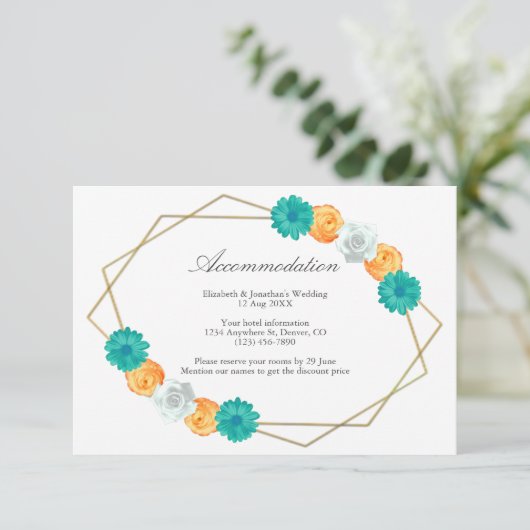 Oranje Blauwgroen Floral Geometric Wedding Accommo Informatiekaartje (Staand voorkant)