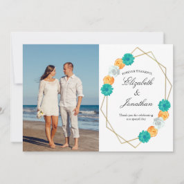 Oranje Blauwgroen Floral Geometric Wedding Bedankkaart
