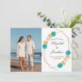 Oranje Blauwgroen Floral Geometric Wedding Bedankkaart (Staand voorkant)