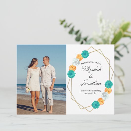 Oranje Blauwgroen Floral Geometric Wedding Bedankkaart (Staand voorkant)