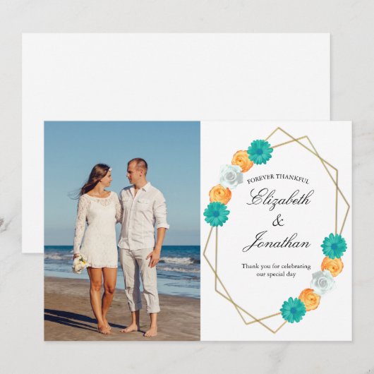 Oranje Blauwgroen Floral Geometric Wedding Bedankkaart (Voorkant / Achterkant)