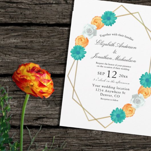 Oranje Blauwgroen Floral Geometric Wedding Kaart