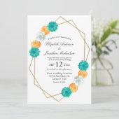Oranje Blauwgroen Floral Geometric Wedding Kaart (Staand voorkant)