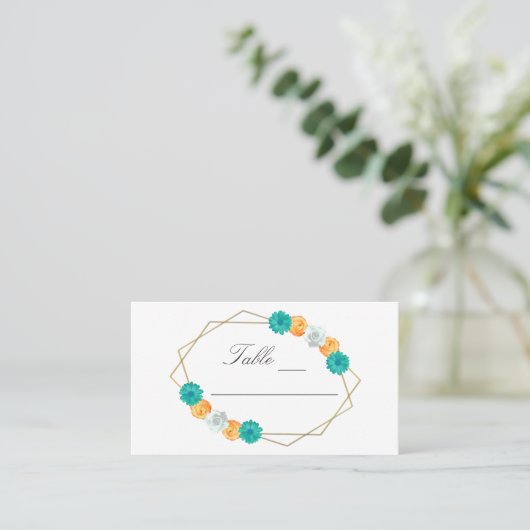 Oranje Blauwgroen Floral Geometric Wedding Plaatskaartje (Staand voorkant)
