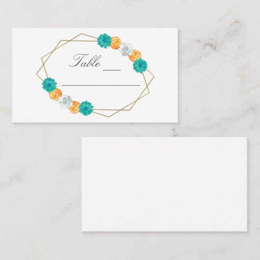Oranje Blauwgroen Floral Geometric Wedding Plaatskaartje (Voorkant / Achterkant)