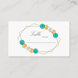Oranje Blauwgroen Floral Geometric Wedding Plaatskaartje