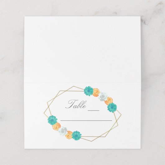 Oranje Blauwgroen Floral Geometric Wedding Plaatskaartje (Buitenkant ongevouwen)