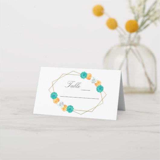 Oranje Blauwgroen Floral Geometric Wedding Plaatskaartje (Voorkant)