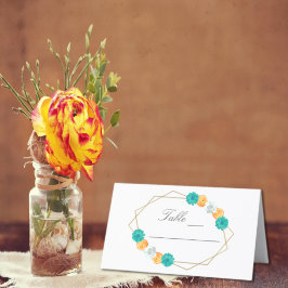 Oranje Blauwgroen Floral Geometric Wedding Plaatskaartje