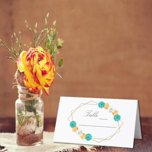 Oranje Blauwgroen Floral Geometric Wedding Plaatskaartje