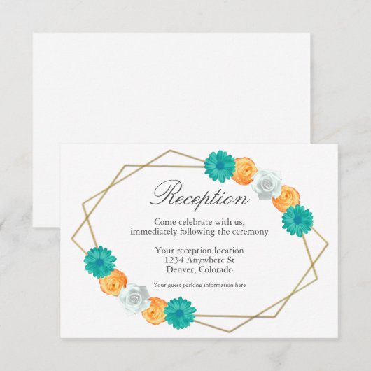 Oranje Blauwgroen Floral Geometric Wedding Recepti Informatiekaartje (Voorkant / Achterkant)