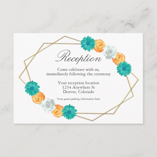 Oranje Blauwgroen Floral Geometric Wedding Recepti Informatiekaartje (Voorkant)