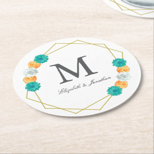 Oranje Blauwgroen Floral Geometric Wedding Ronde Kartonnen Onderzetter